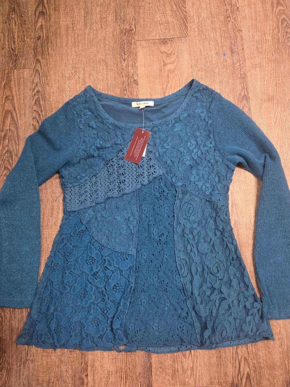 Linda Anderson NWT Dark Teal Lace Mixed Media Long Sleeve Top Blouse Shirt L